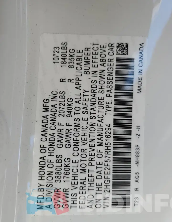 2HGFE2F57RH516294 Photo# 12