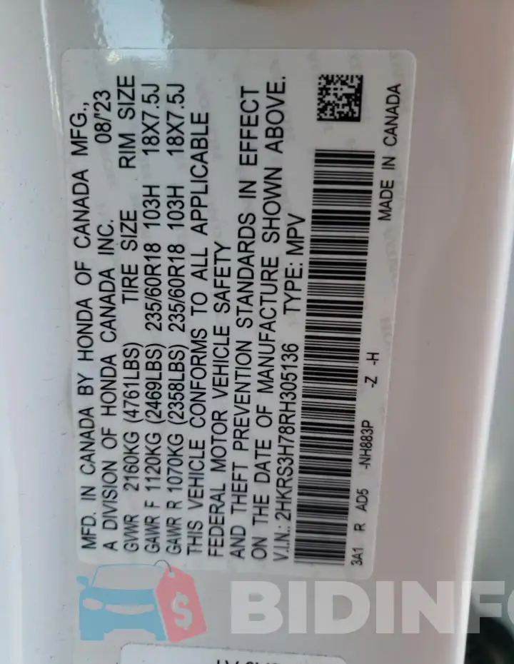 2HKRS3H78RH305136 Photo# 12