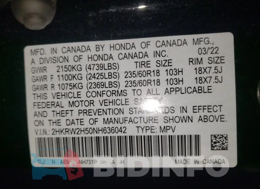 2HKRW2H50NH636042 Photo# 13