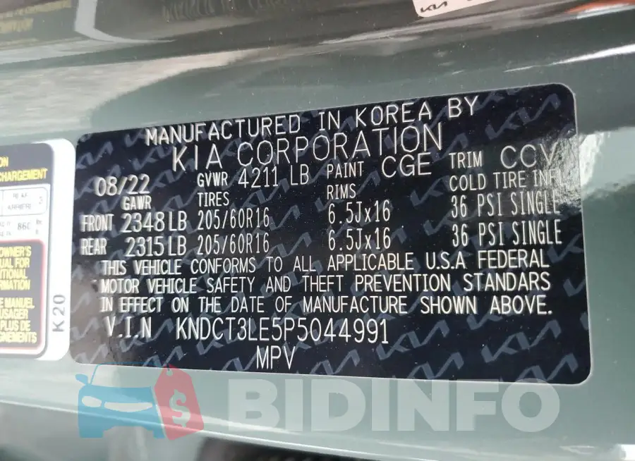 KNDCT3LE5P5044991 Photo# 13