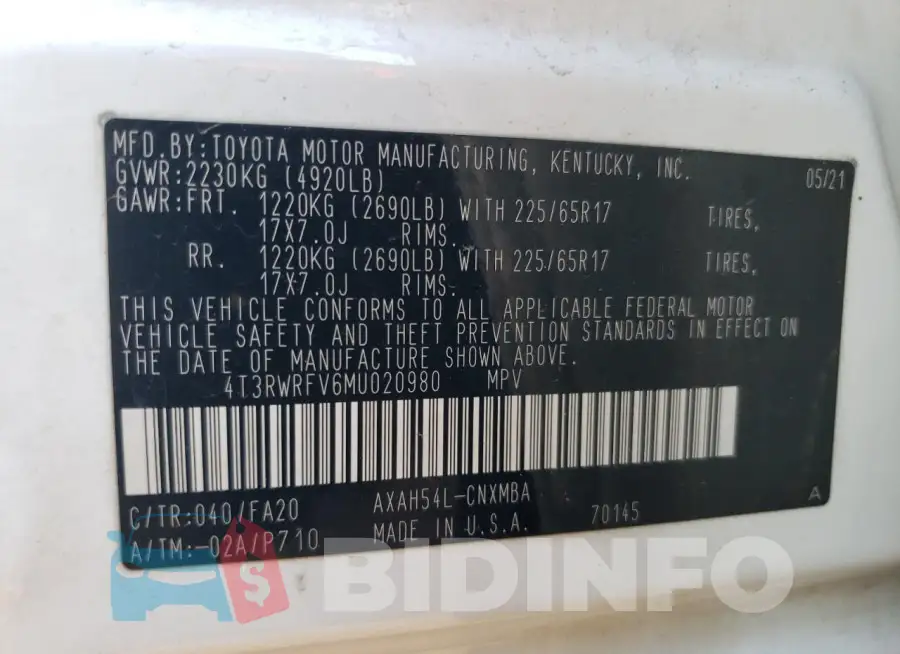 4T3RWRFV6MU020980 Photo# 12