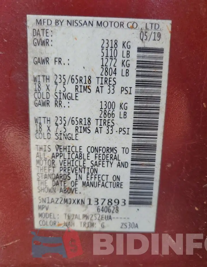 5N1AZ2MJXKN137893 Photo# 13