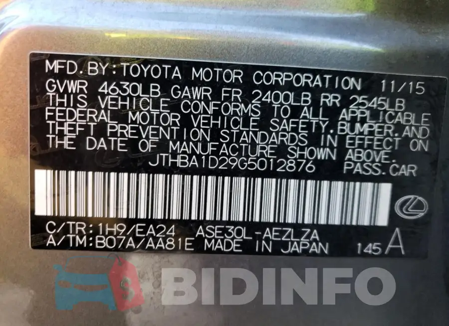 JTHBA1D29G5012876 Photo# 12