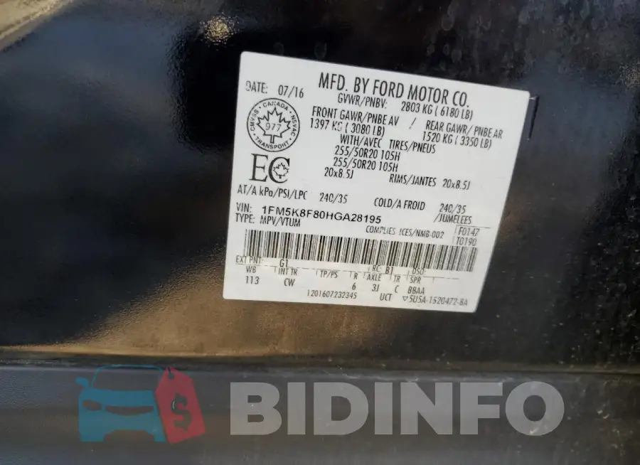1FM5K8F80HGA28195 Photo# 13