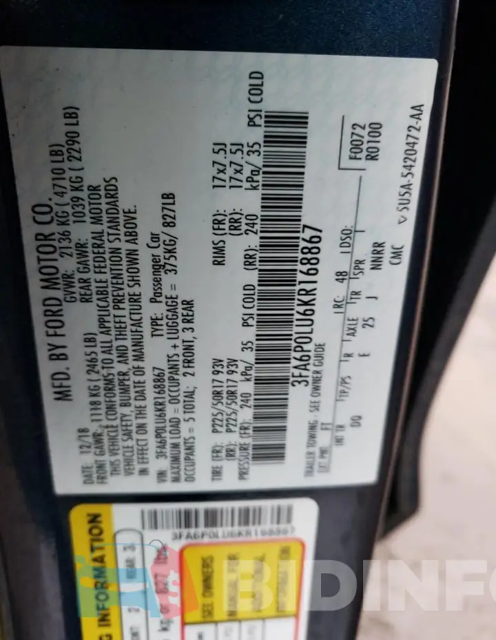 3FA6P0LU6KR168867 Photo# 12