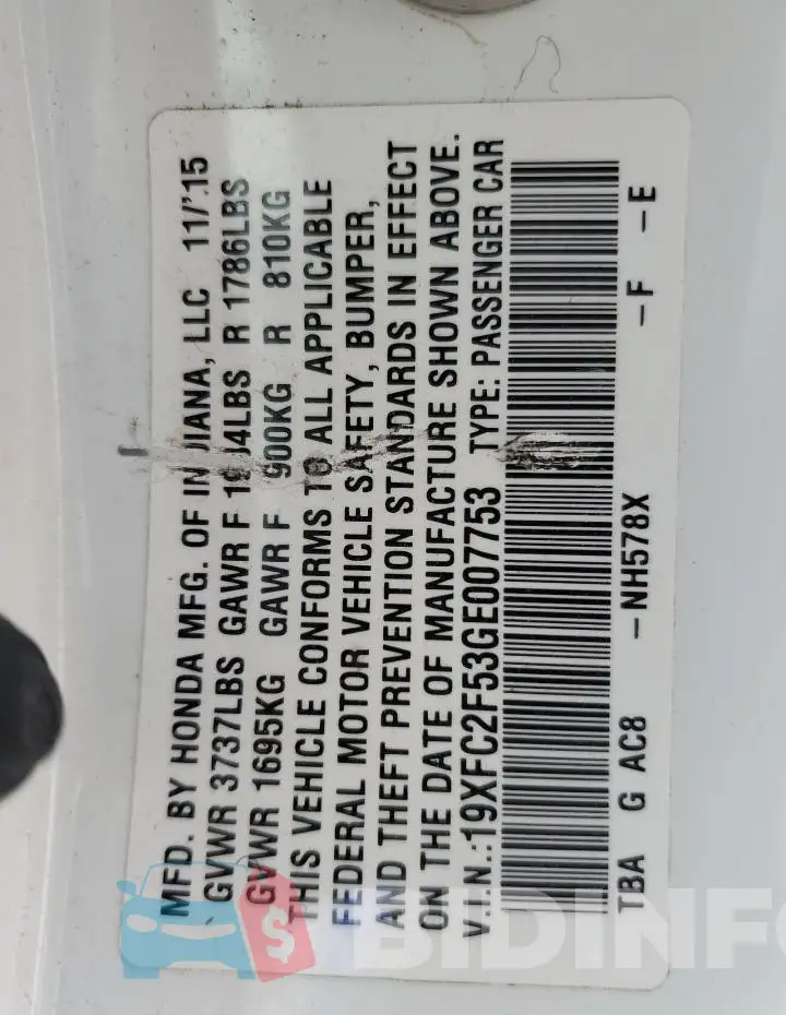 19XFC2F53GE007753 Photo# 12