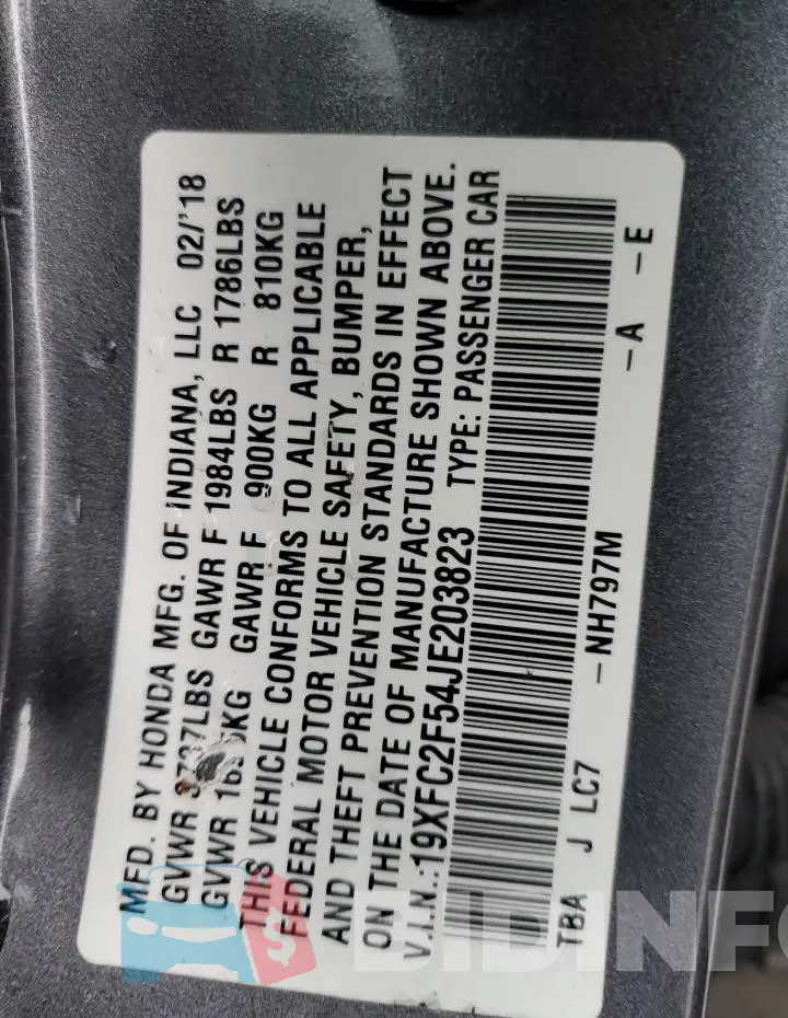 19XFC2F54JE203823 Photo# 12