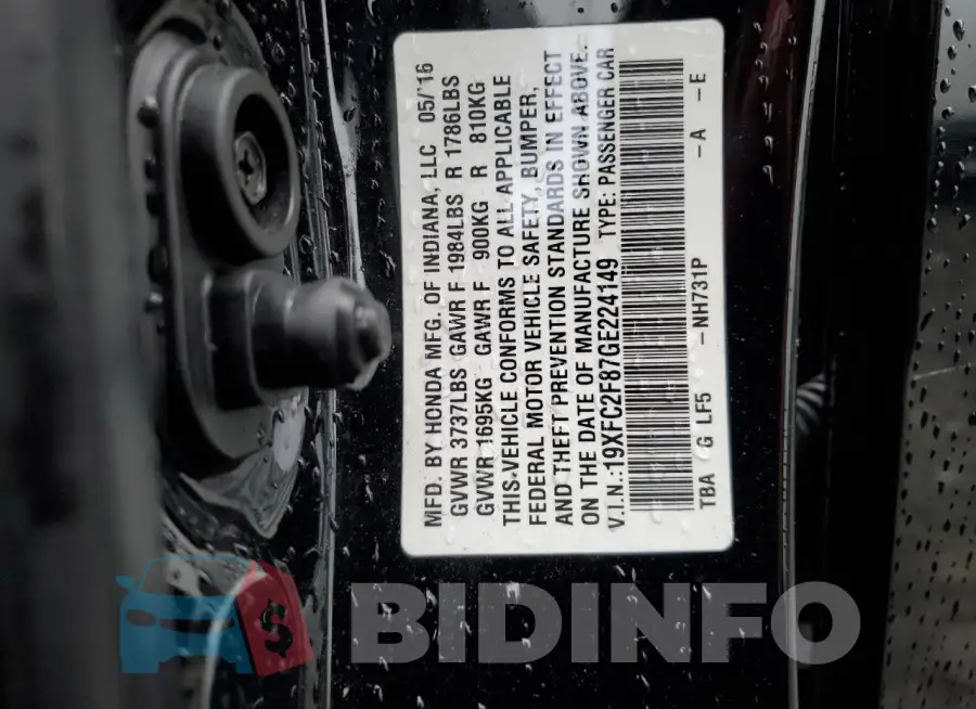19XFC2F87GE224149 Photo# 12