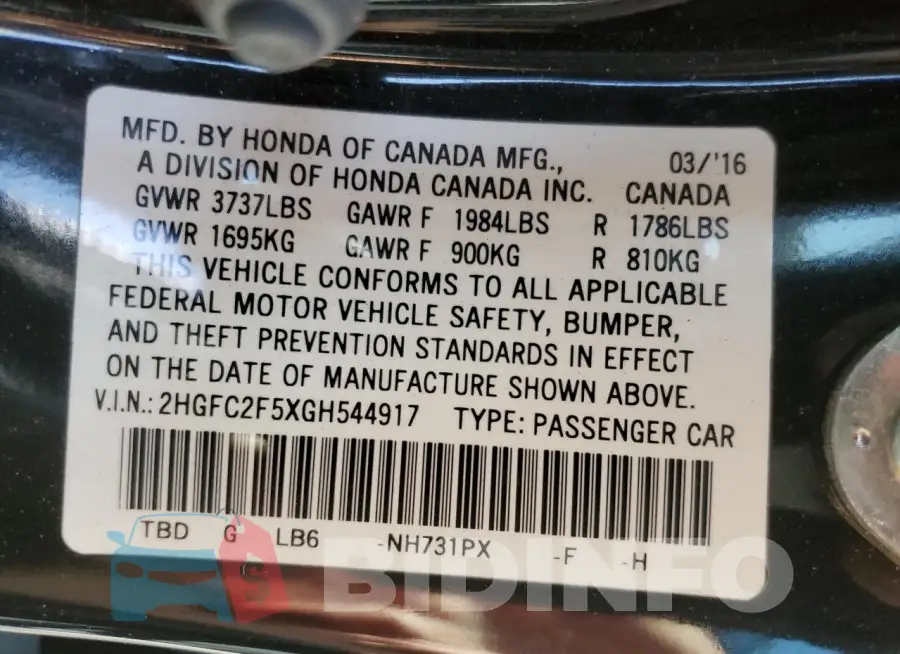 2HGFC2F5XGH544917 Photo# 12