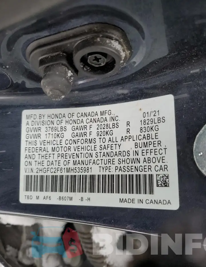 2HGFC2F61MH535981 Photo# 12