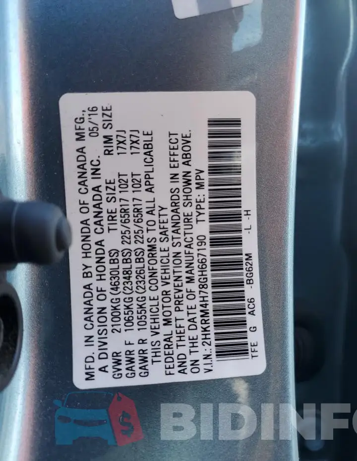 2HKRM4H78GH667190 Photo# 14