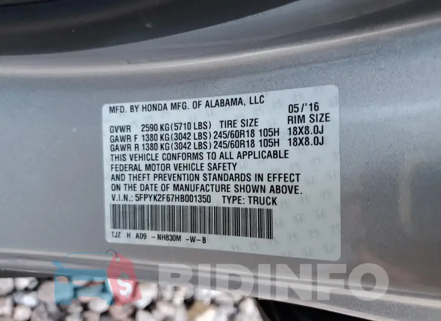 5FPYK2F67HB001350 Photo# 12