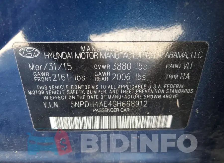5NPDH4AE4GH668912 Photo# 12