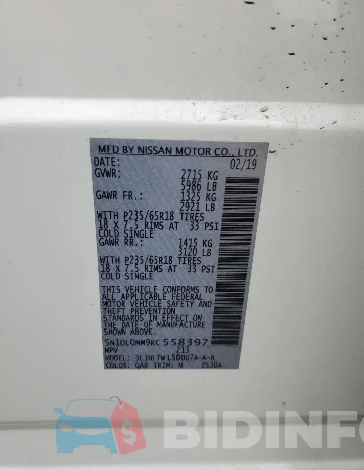 5N1DL0MM9KC558397 Photo# 13
