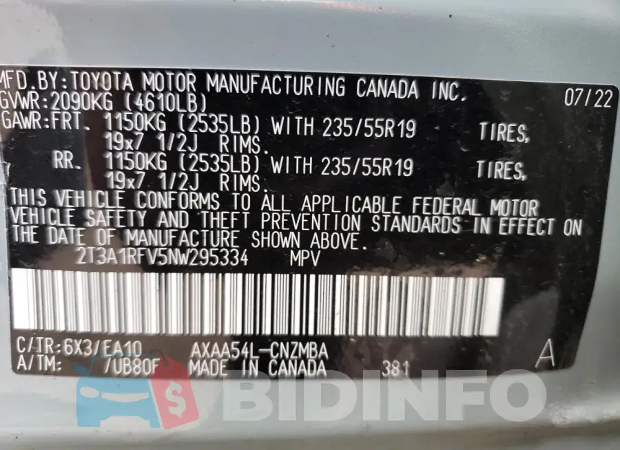 2T3A1RFV5NW295334 Photo# 12
