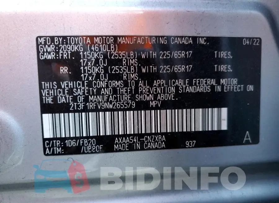 2T3F1RFV9NW265579 Photo# 12