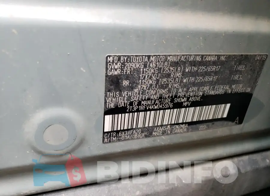 2T3P1RFV4KW045976 Photo# 12