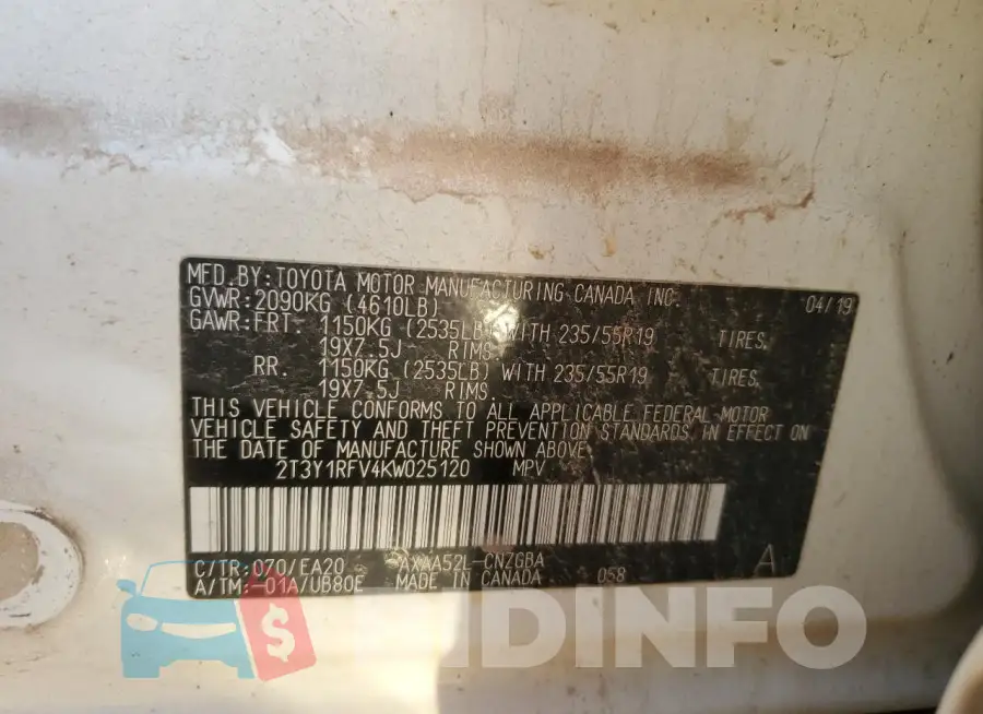 2T3Y1RFV4KW025120 Photo# 13
