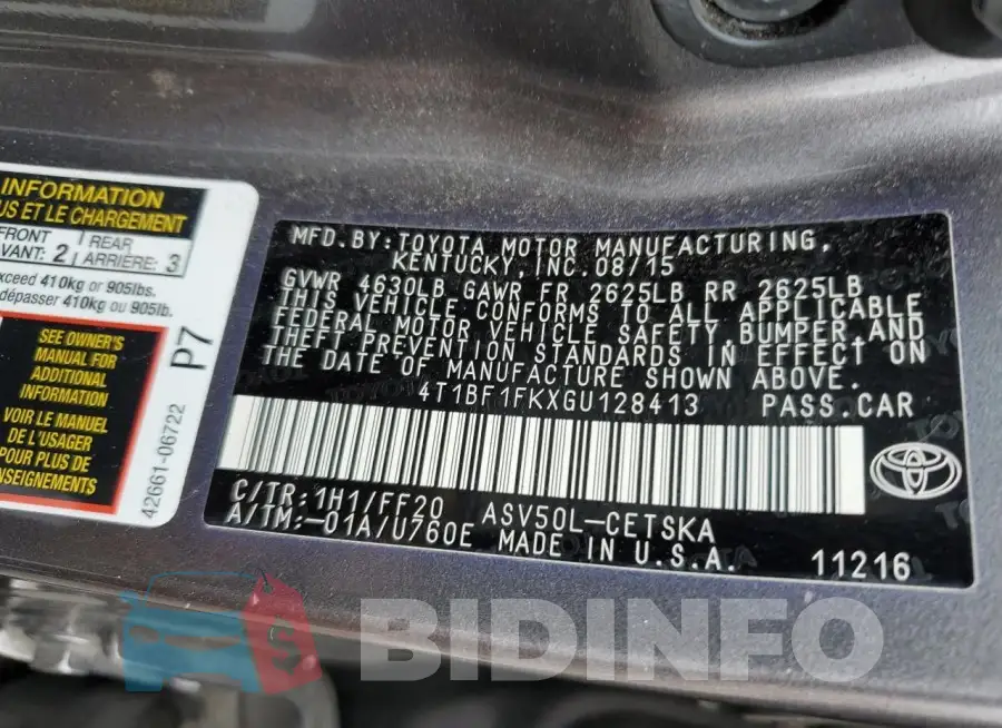 4T1BF1FKXGU128413 Photo# 12