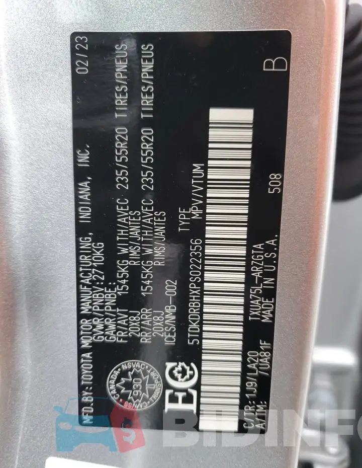 5TDKDRBHXPS022356 Photo# 13