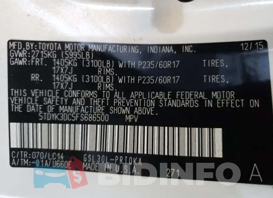 5TDYK3DC5FS686500 Photo# 13
