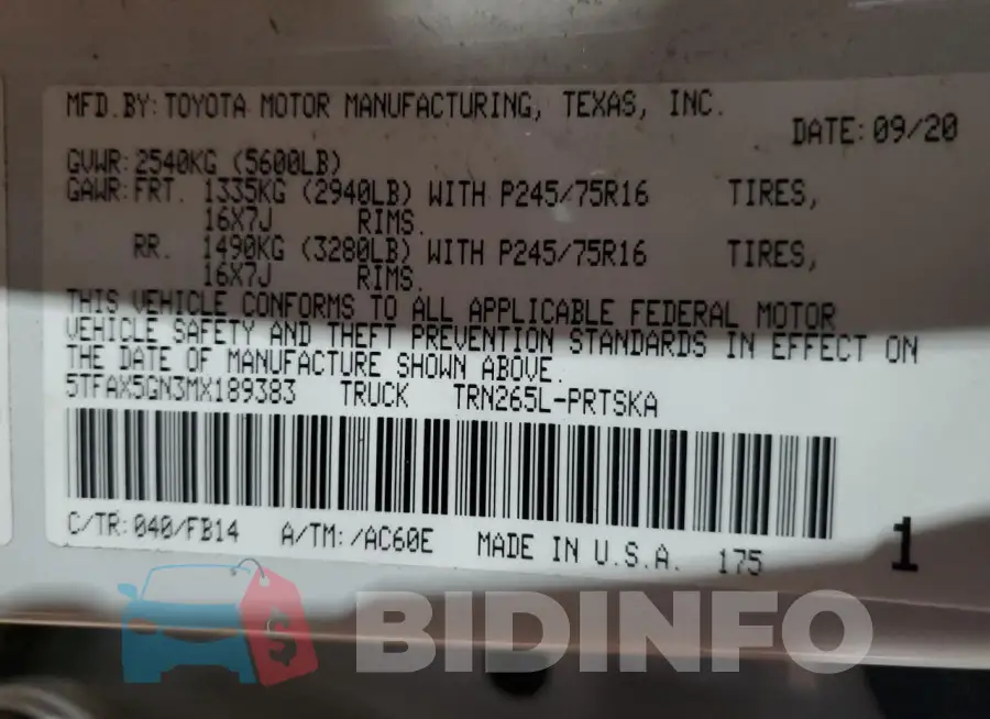5TFAX5GN3MX189383 Photo# 12