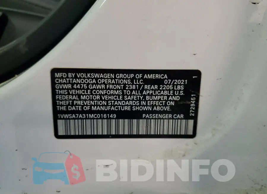 1VWSA7A31MC016149 Photo# 12