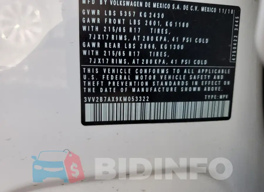 3VV2B7AX9KM053322 Photo# 13
