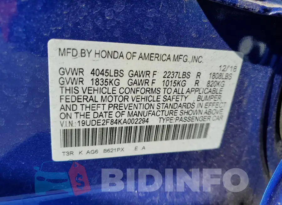 19UDE2F84KA002294 Photo# 13