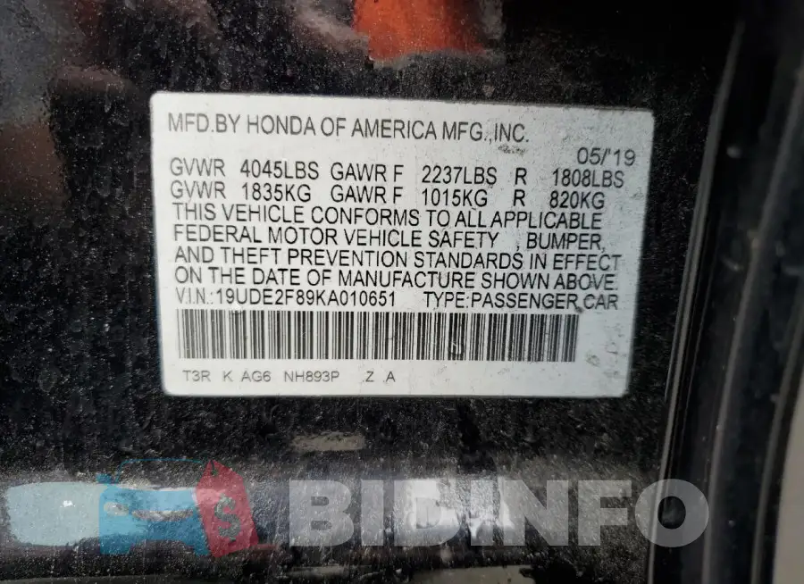 19UDE2F89KA010651 Photo# 13