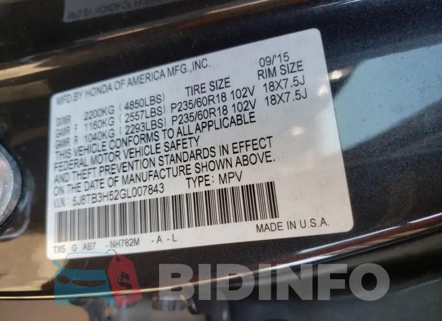 5J8TB3H52GL007843 Photo# 14