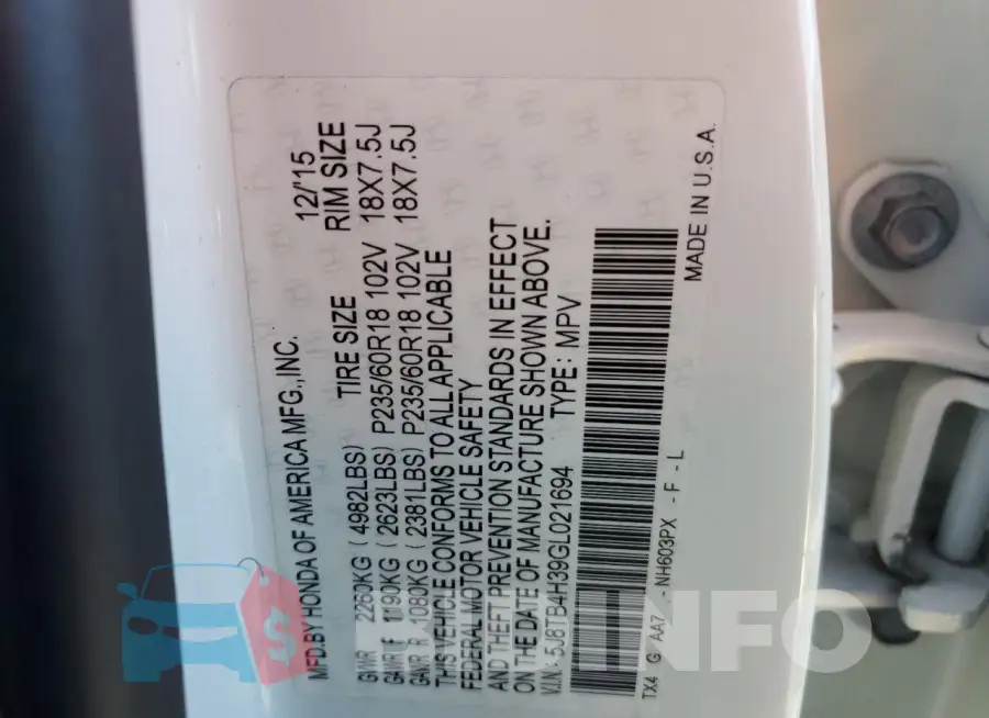 5J8TB4H39GL021694 Photo# 13