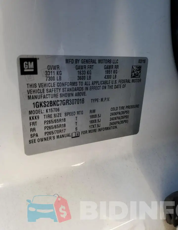 1GKS2BKC7GR307018 Photo# 12