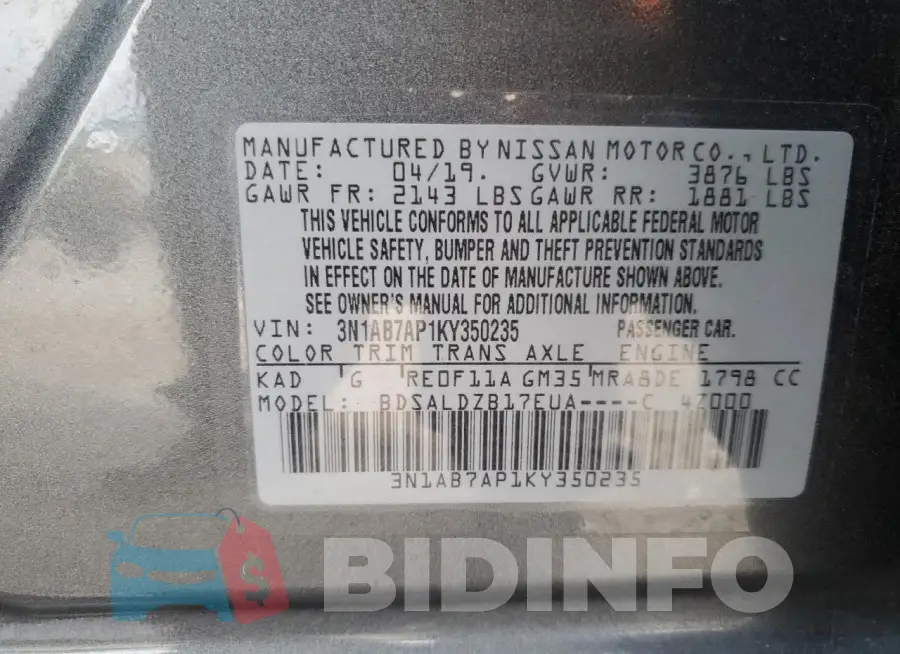 3N1AB7AP1KY350235 Photo# 13
