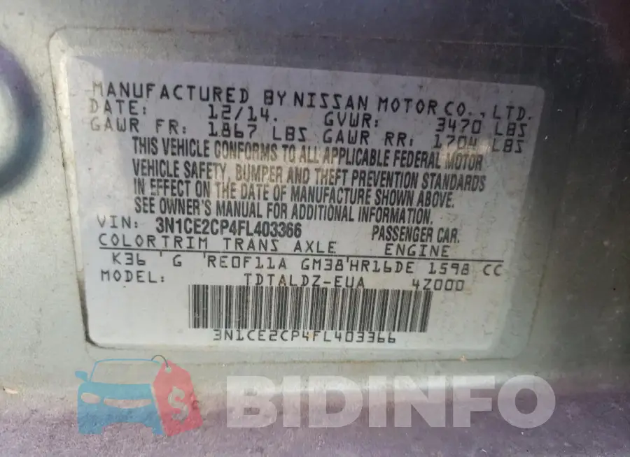 3N1CE2CP4FL403366 Photo# 12