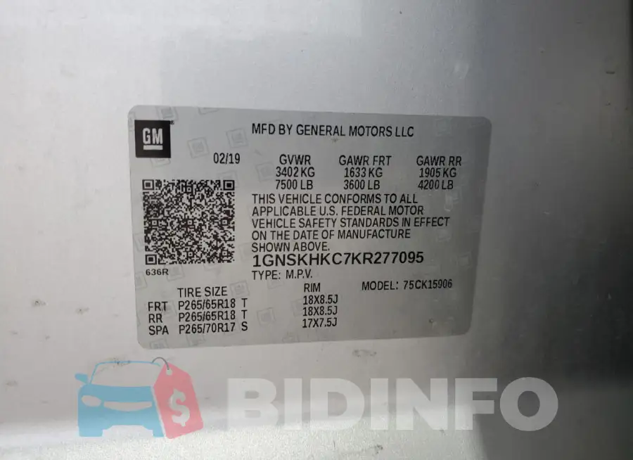 1GNSKHKC7KR277095 Photo# 13