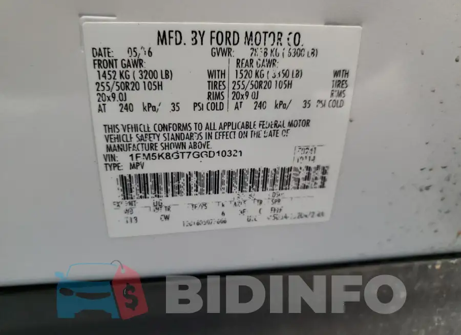 1FM5K8GT7GGD10321 Photo# 13