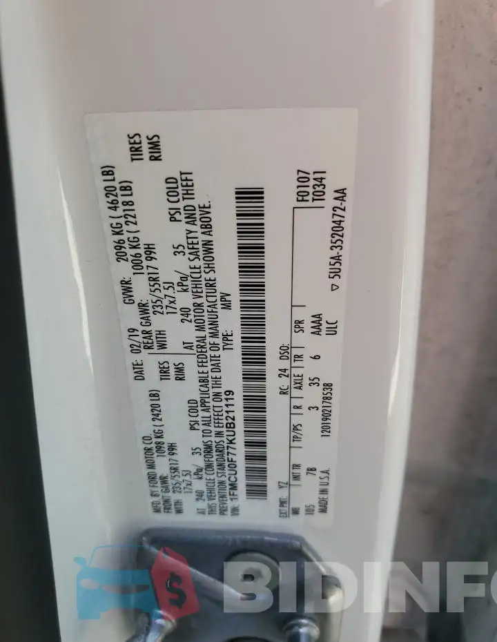 1FMCU0F77KUB21119 Photo# 12