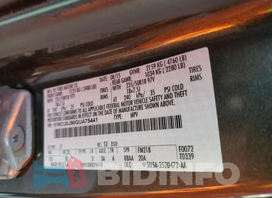 1FMCU0J90GUA75441 Photo# 13