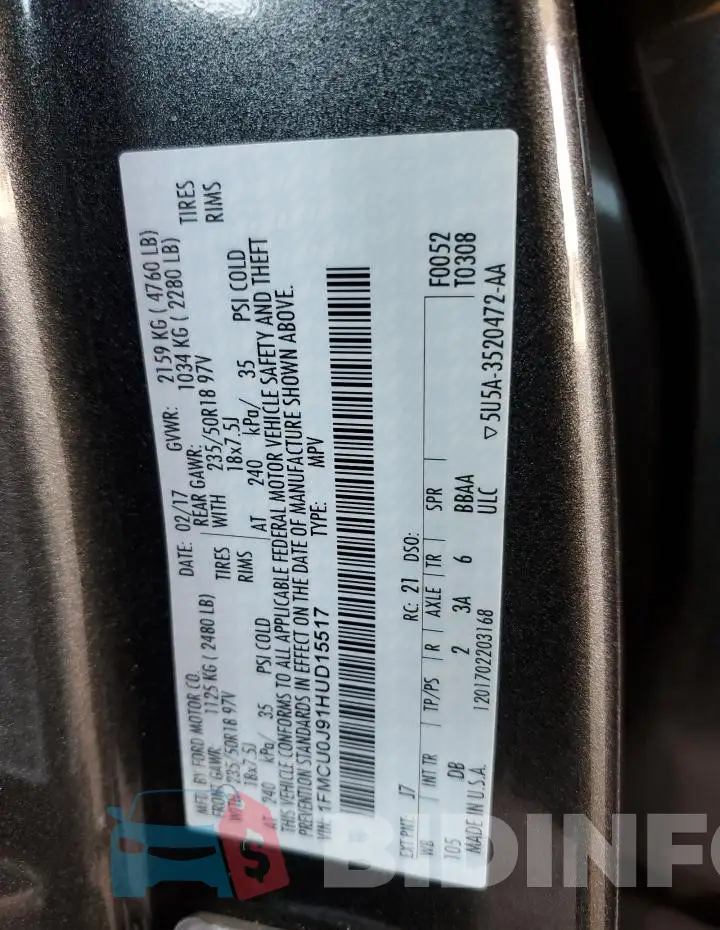 1FMCU0J91HUD15517 Photo# 13