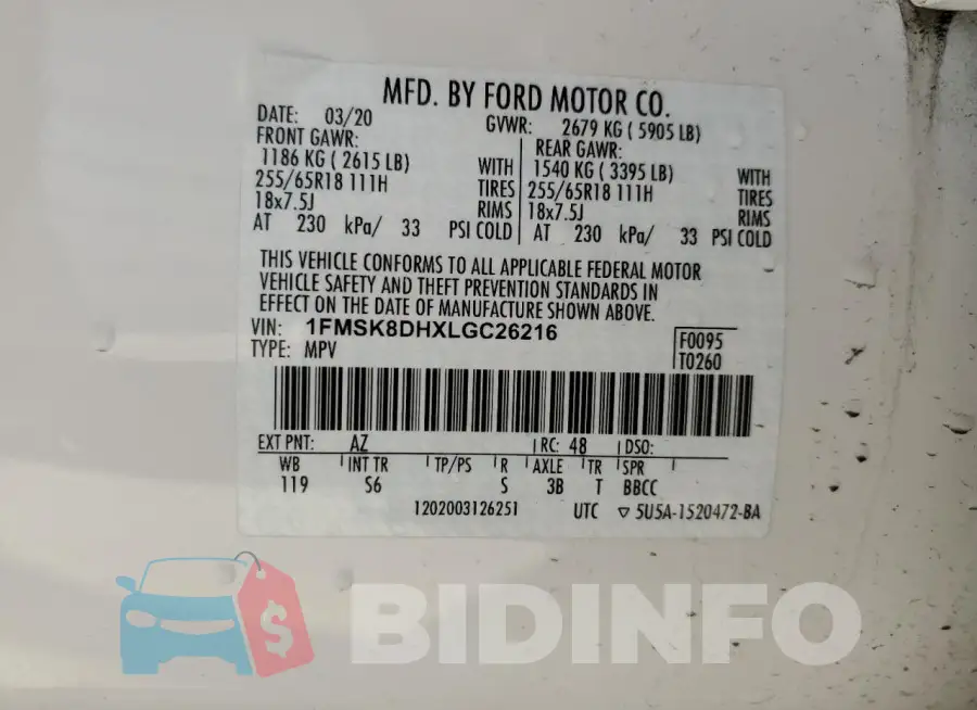 1FMSK8DHXLGC26216 Photo# 13