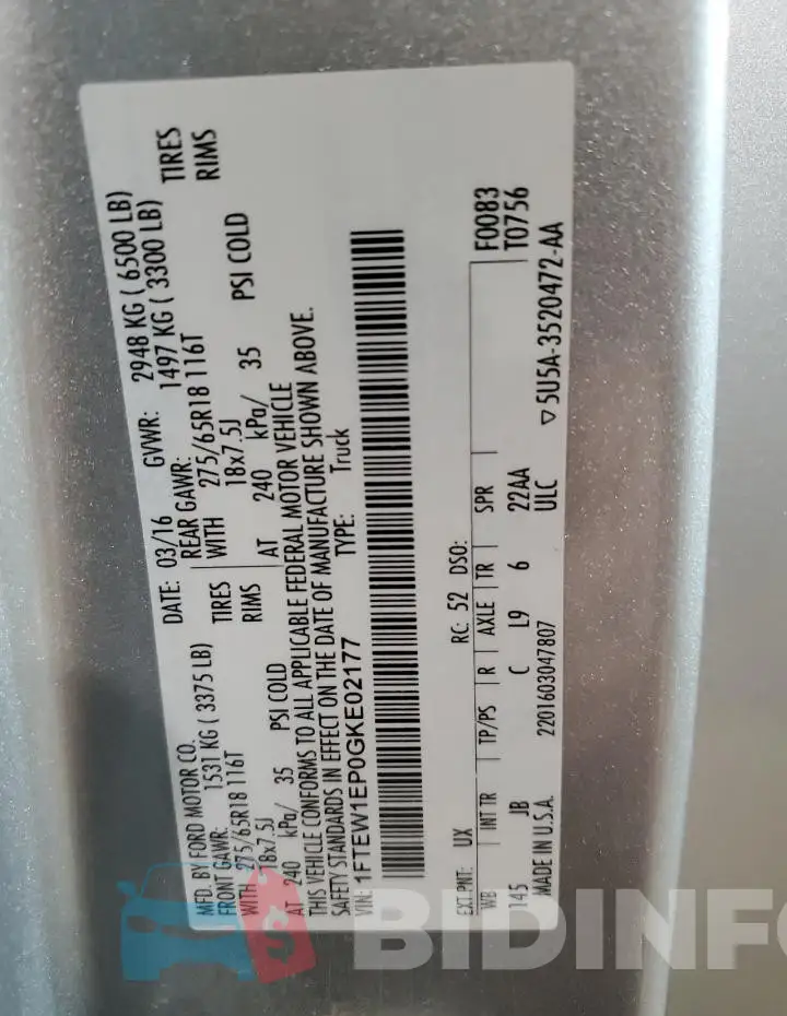 1FTEW1EP0GKE02177 Photo# 12