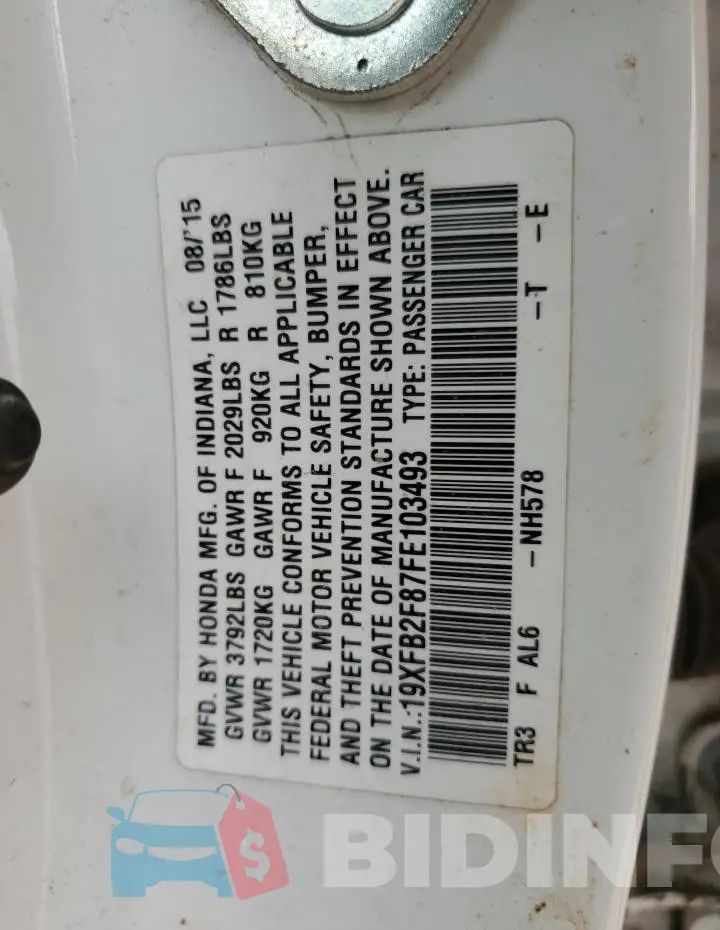 19XFB2F87FE103493 Photo# 12