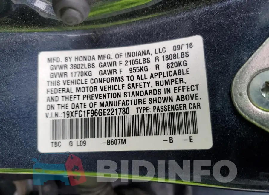 19XFC1F96GE221780 Photo# 12