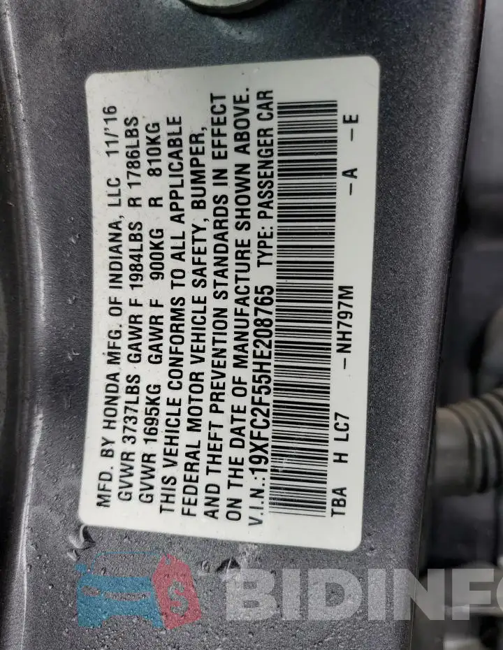 19XFC2F55HE208765 Photo# 12