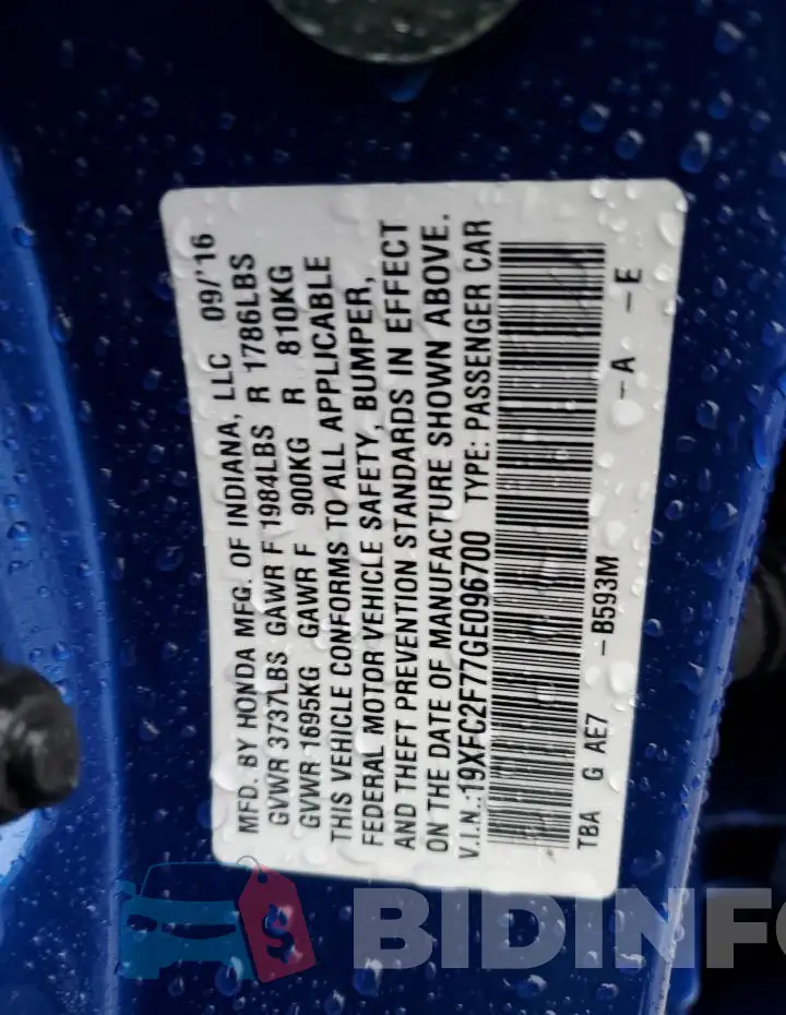 19XFC2F77GE096700 Photo# 12