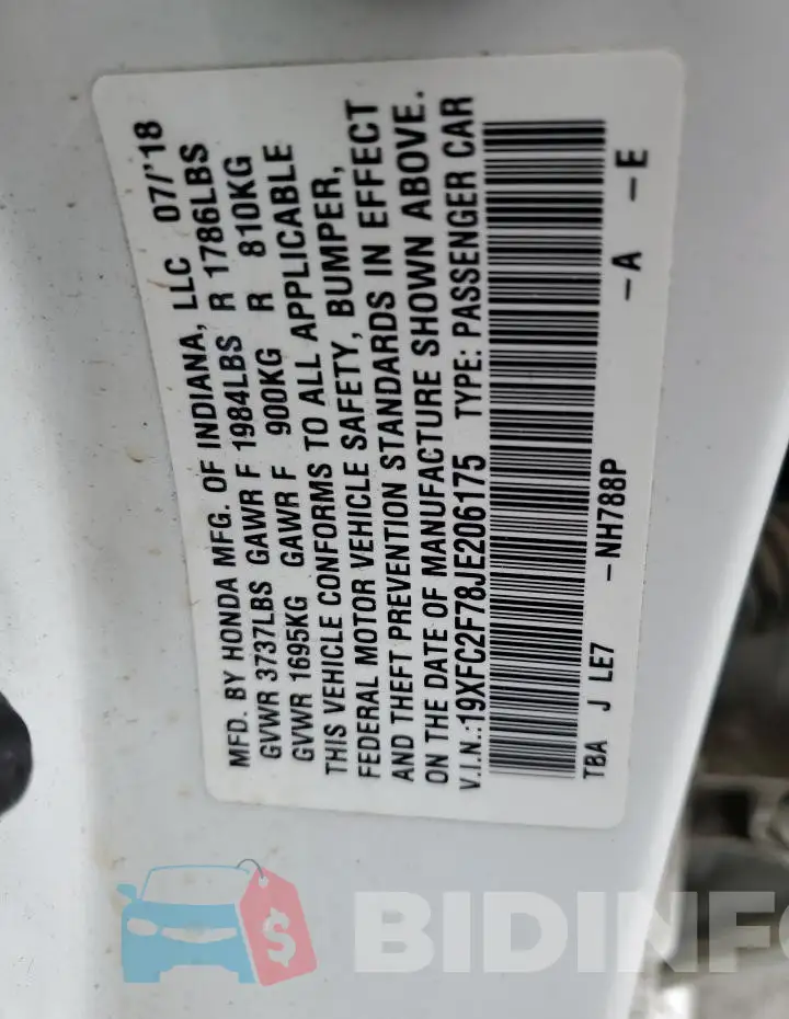 19XFC2F78JE206175 Photo# 12