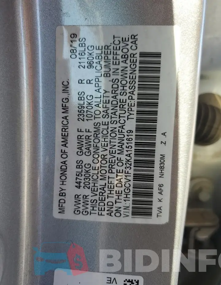 1HGCV1F32KA151619 Photo# 13