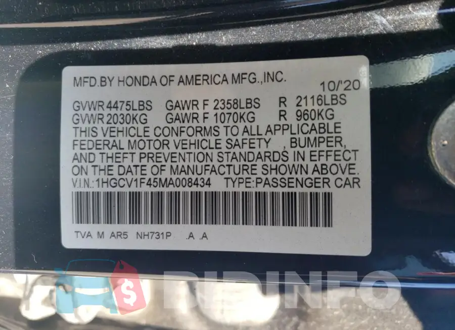 1HGCV1F45MA008434 Photo# 12