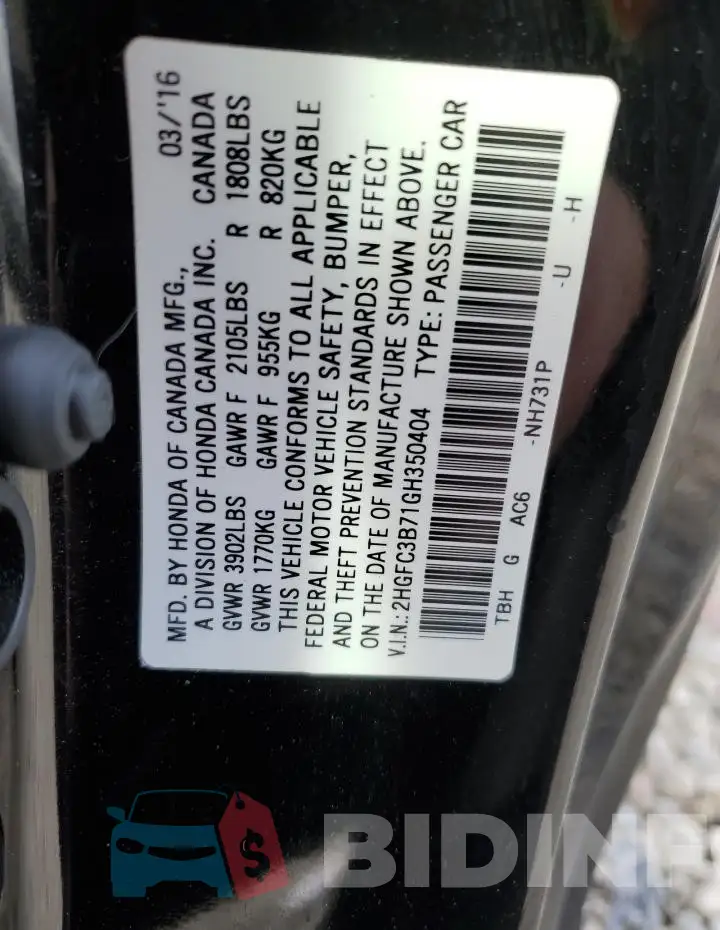 2HGFC3B71GH350404 Photo# 12